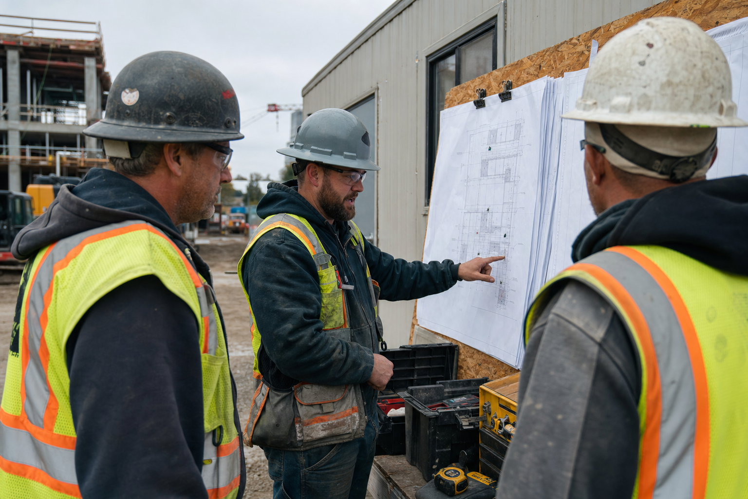 Construction crew leader talking through plans with two crew members beside a jobsite trailer