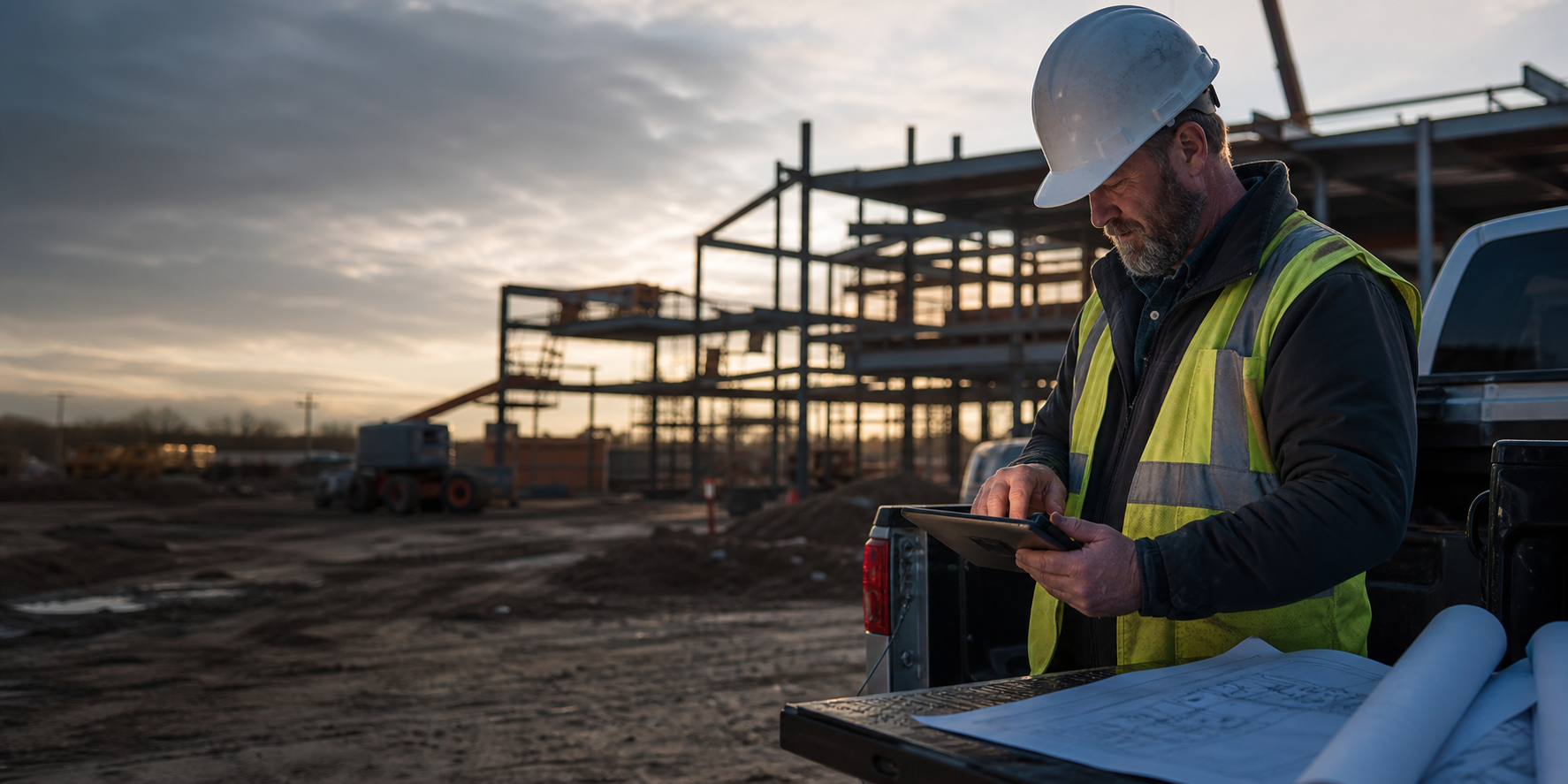 Construction field leader reviewing plans and a tablet from a pickup tailgate on an active jobsite