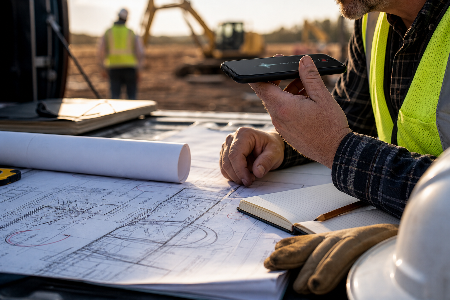 Construction leader recording a short voice check-in beside marked-up job plans
